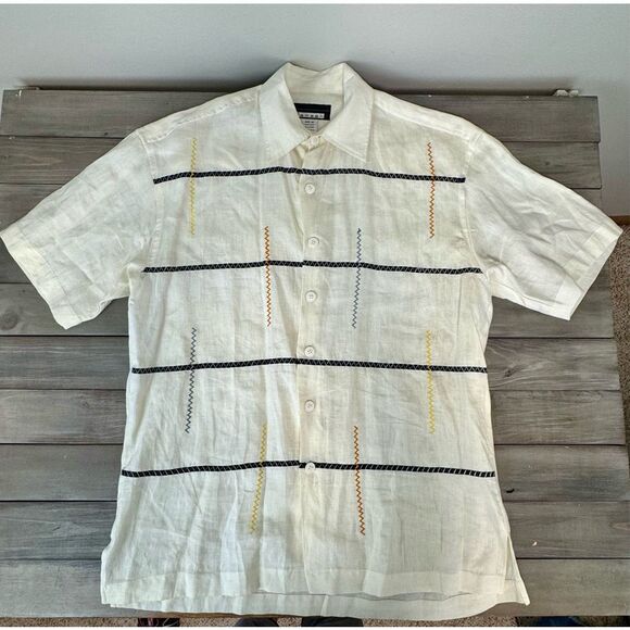smash Other - 100% Linen Smash Cream Button‎ Up Short Casual Sleeve Men’s Shirt